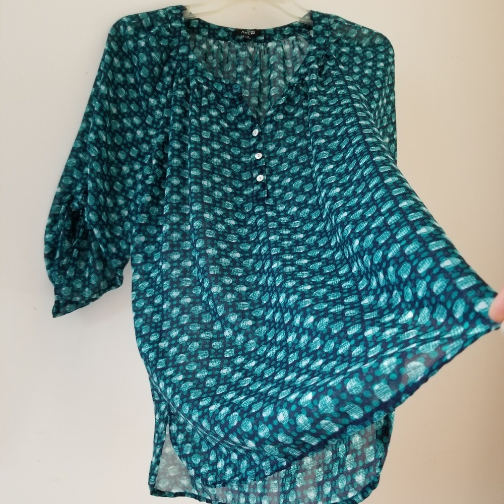 APT.9 Henley Green Sheer Roll-Tap Tunic Top